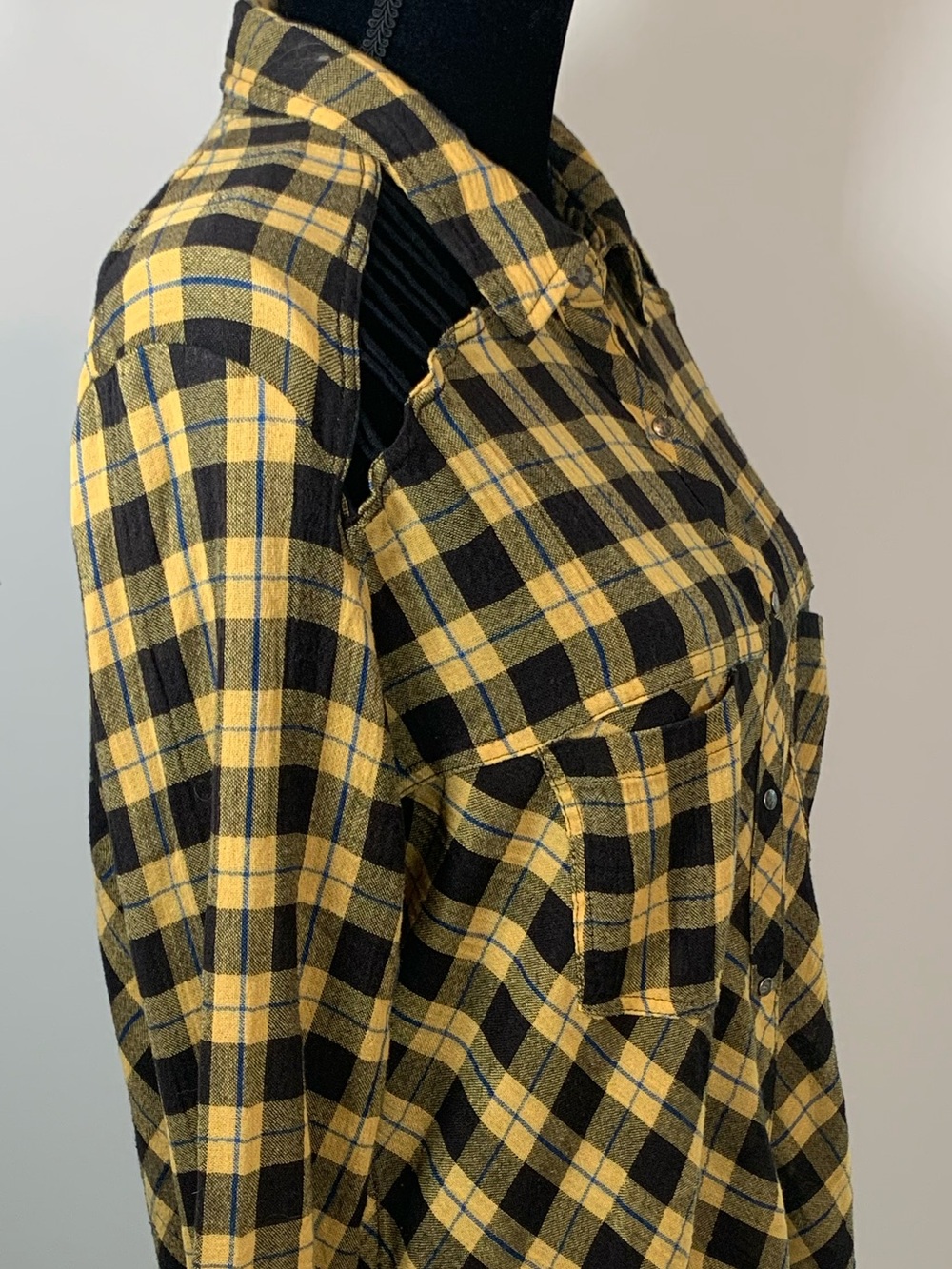 Free People Yellow Plaid Snap-Down Lace-Up Shoulders Boho Flannel Shirt Medium - Picture 4 of 13